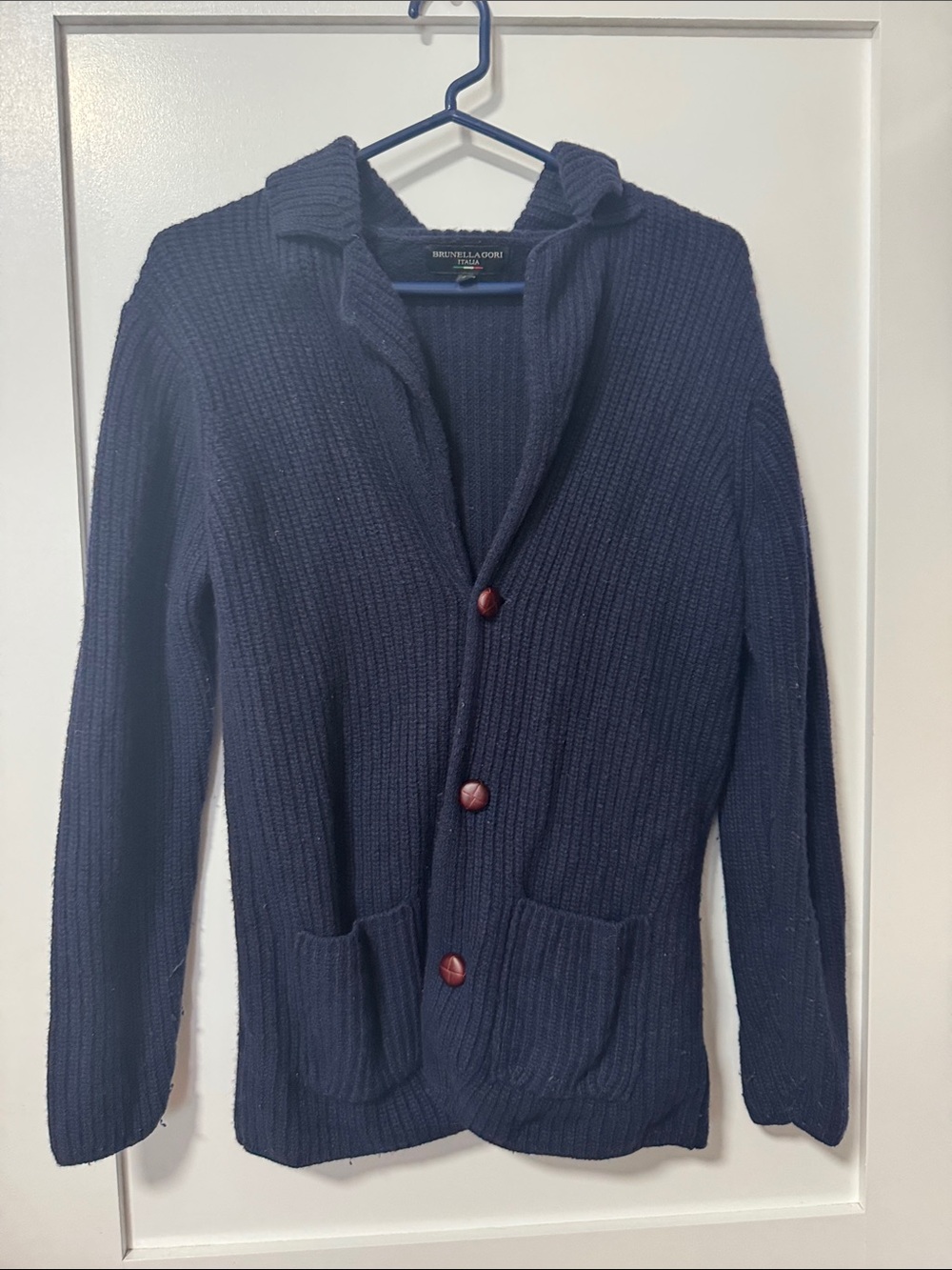 Brunello Cucinelli Navy Ribbed Shawl-Collar Cardigan with Brown Buttons